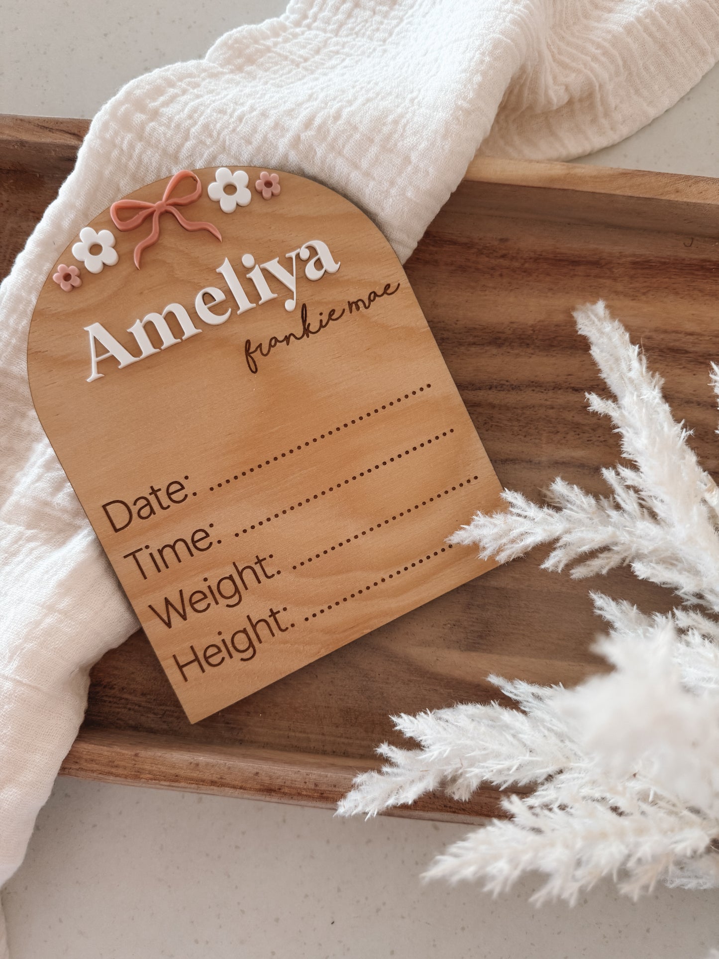 Wooden Bow Theme Announcement Plaque - with details